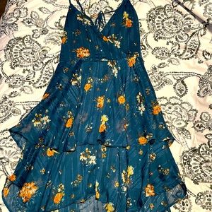 Teal floral Silk spaghetti strap wrap dress